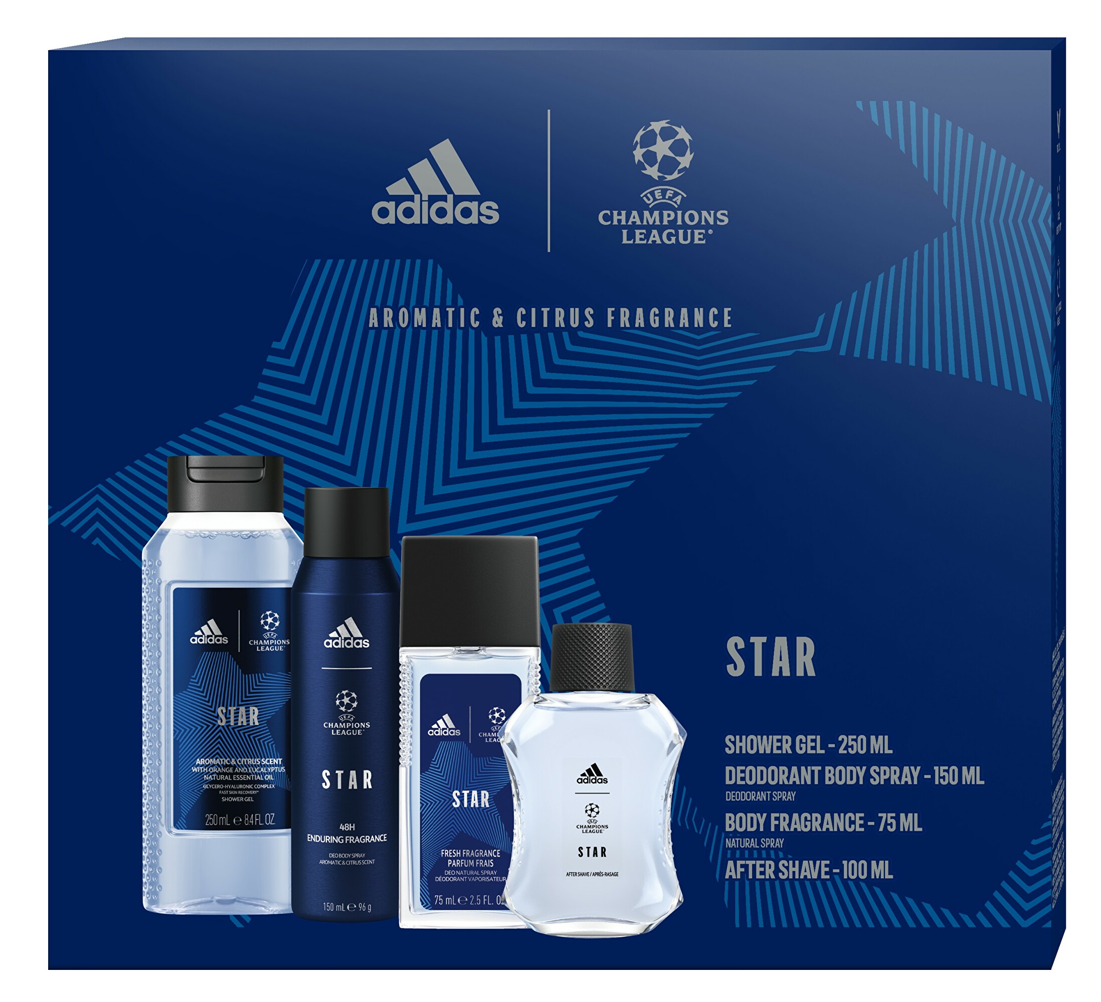 Adidas Champions League Star Edition - voda po holení 100 ml + sprchový gel 250 ml + deodorant ve spreji 150 ml + deodorant s rozprašovačem 75 ml