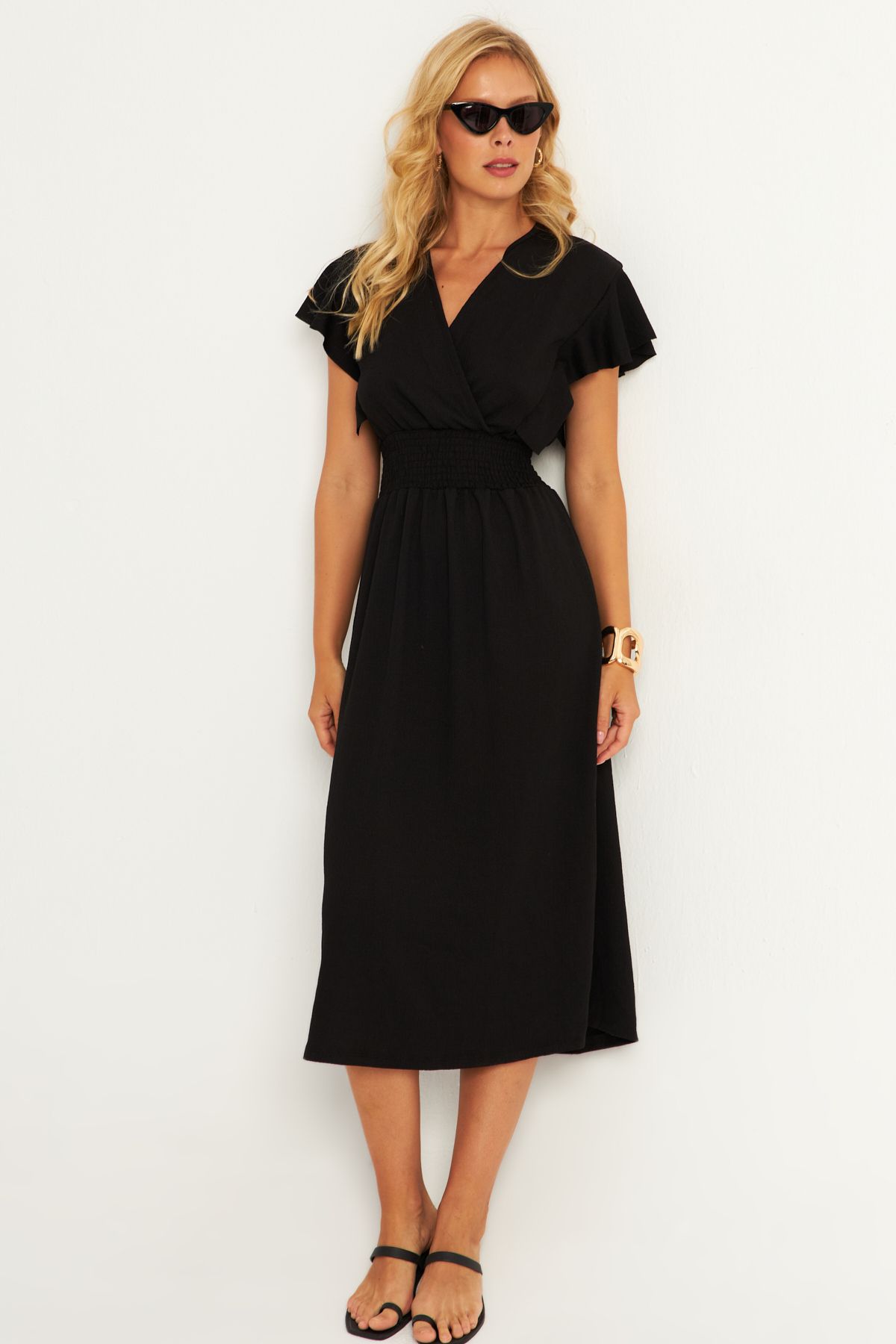 Cool & Sexy Women's Black Wrap Double Breasted Midi Dress