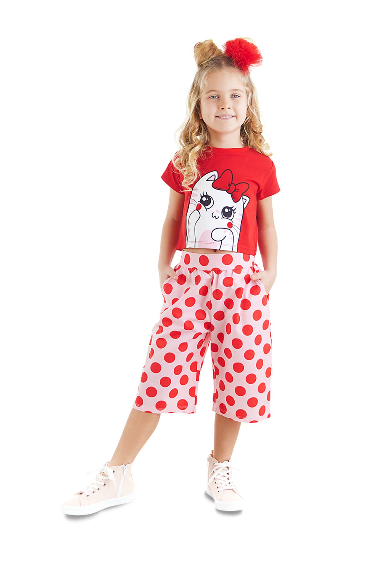 Denokids Ponchik Cat Girl Kids T-shirt Capri Shorts Set