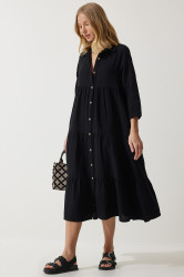 Happiness İstanbul Women's Black Muslin Flared Shirt Dress