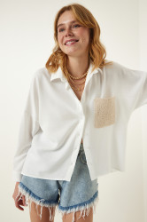 Happiness İstanbul Women's Ecru Lace Detailed Linen Shirt