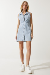 Happiness İstanbul Women's Ice Blue Sleeveless Mini Denim Dress