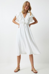 Happiness İstanbul Women's White Flounce Summer Elastic Knitted Dress