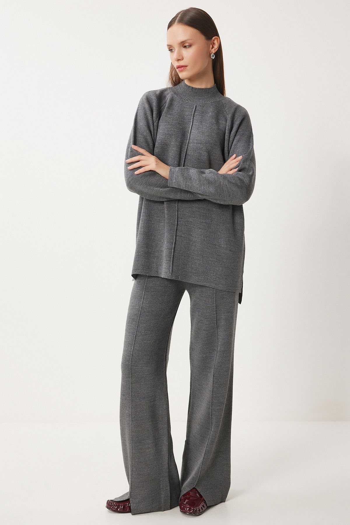 Happiness İstanbul Women's Gray Stylish Knitwear Sweater Pants Suit