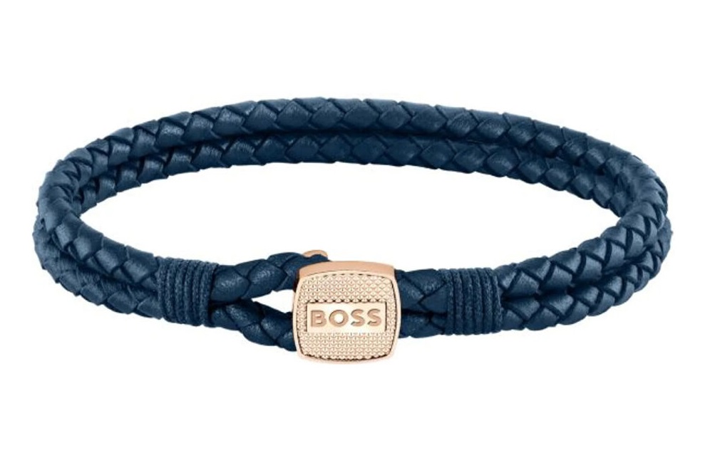 Hugo Boss Modrý pletený náramek z kůže Seal 1580668 17,5 cm