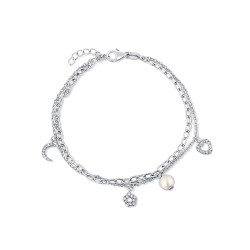 JwL Luxury Pearls Dvojitý stříbrný náramek s přívěsky a pravou perlou JL0802