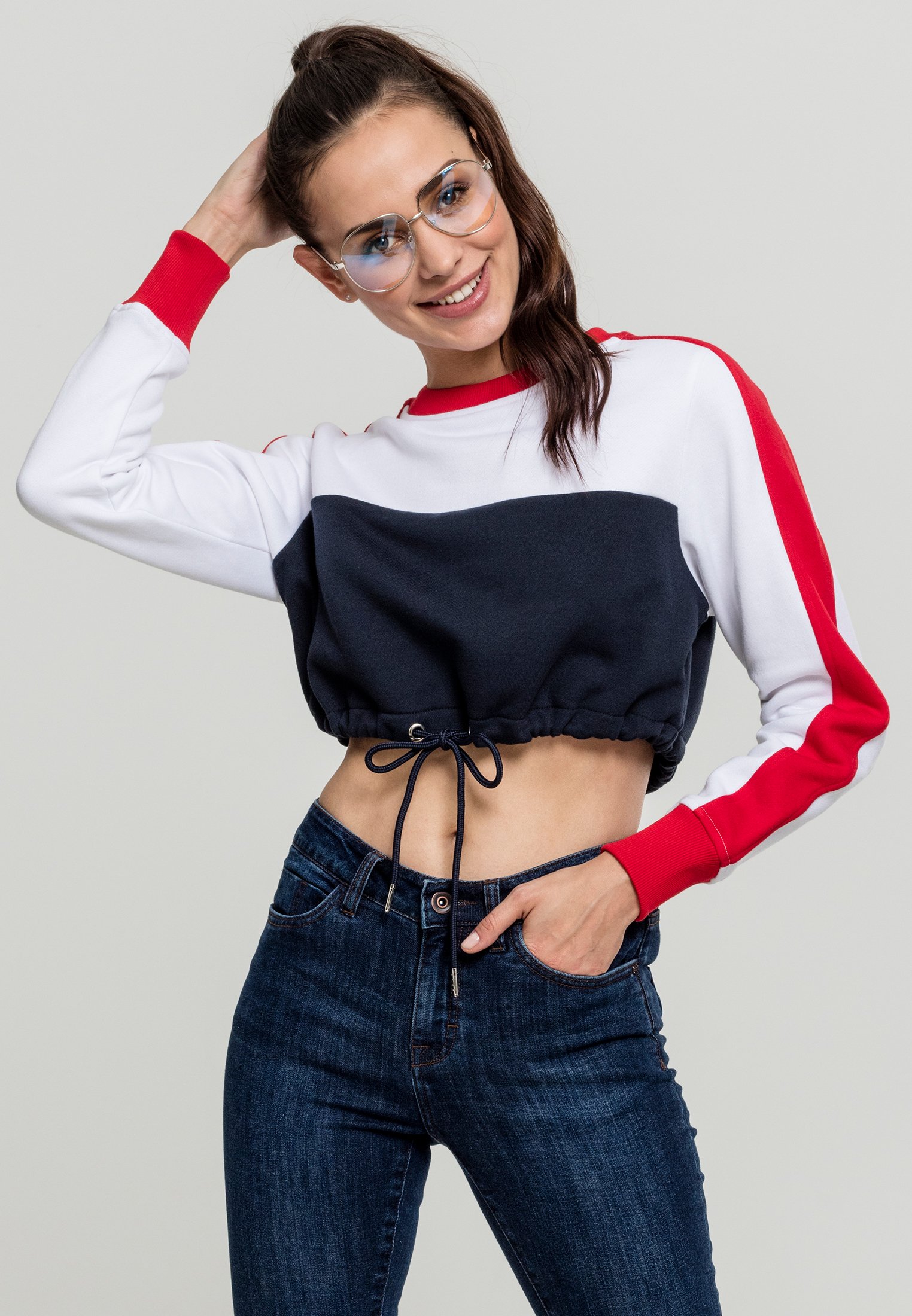 Ladies Cropped 3-Tone Stripe Crew námořní/bílá/ohnivá červená