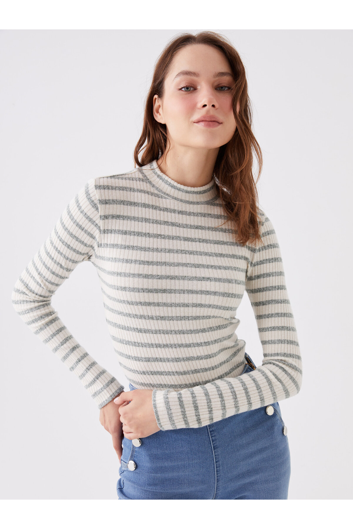 LC Waikiki High Collar Striped Long Sleeve Women's T-Shirt