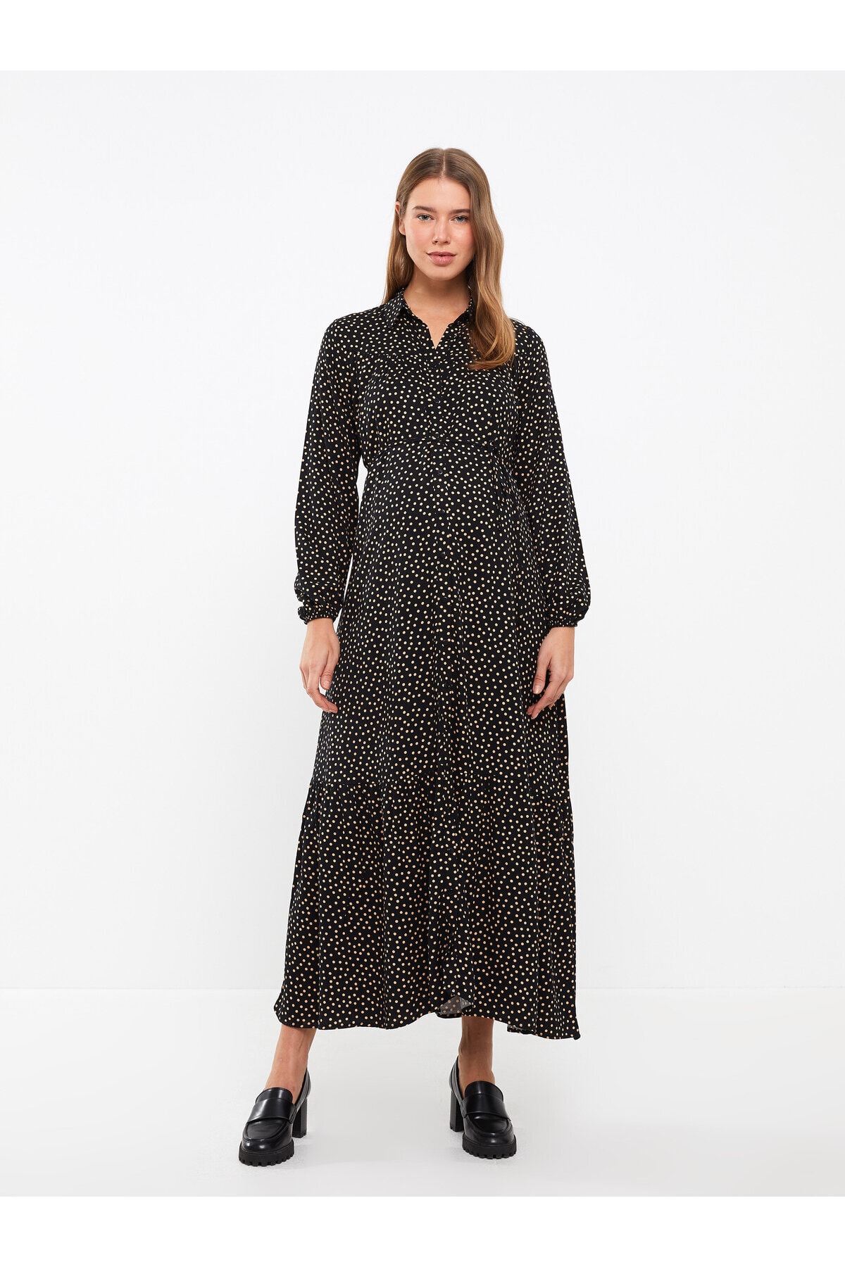 LC Waikiki Polka Dot Long Sleeve Viscose Maternity Dress With Shirt Collar