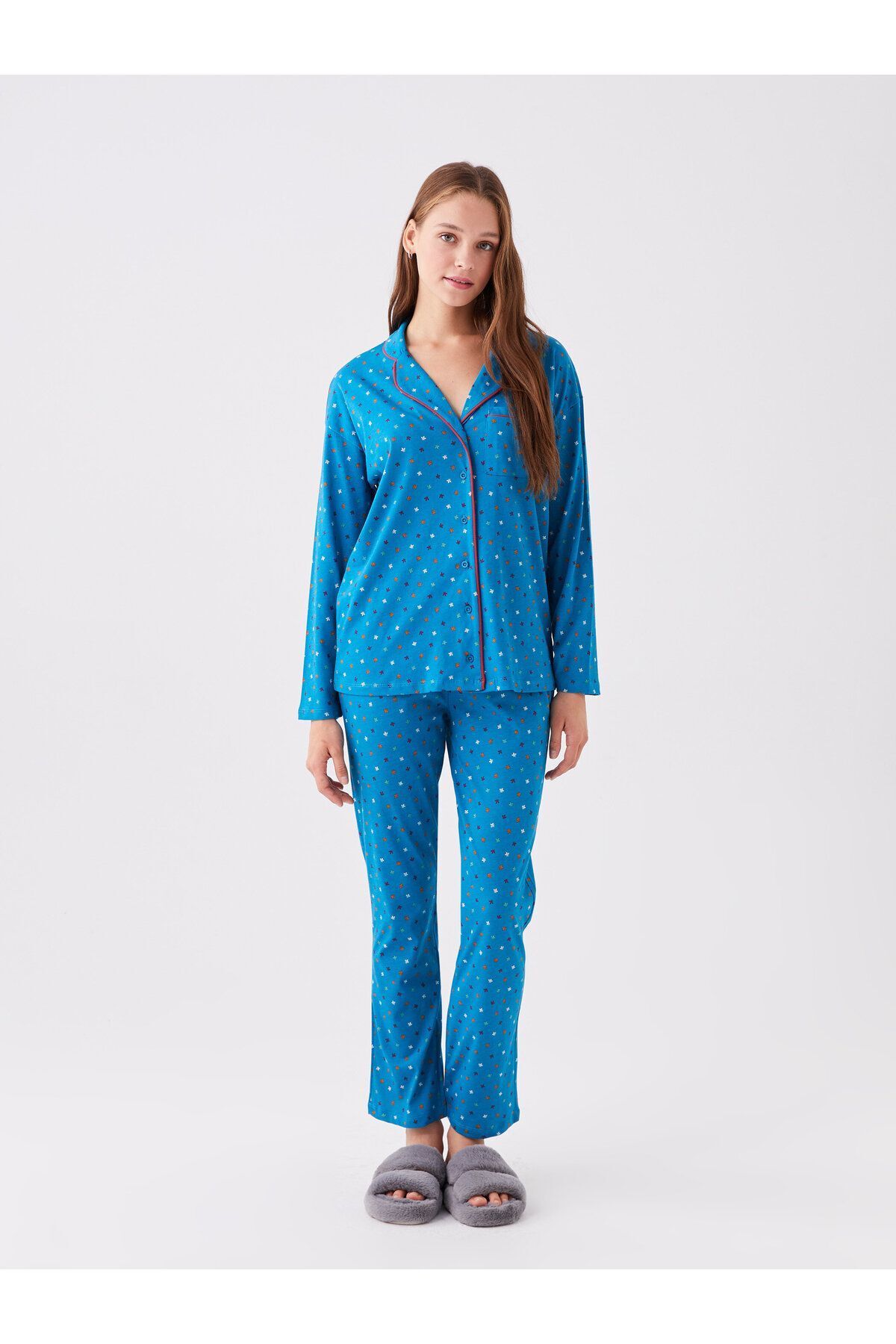 LC Waikiki Shirt Collar Patterned Long Sleeve Women's Pajama Set