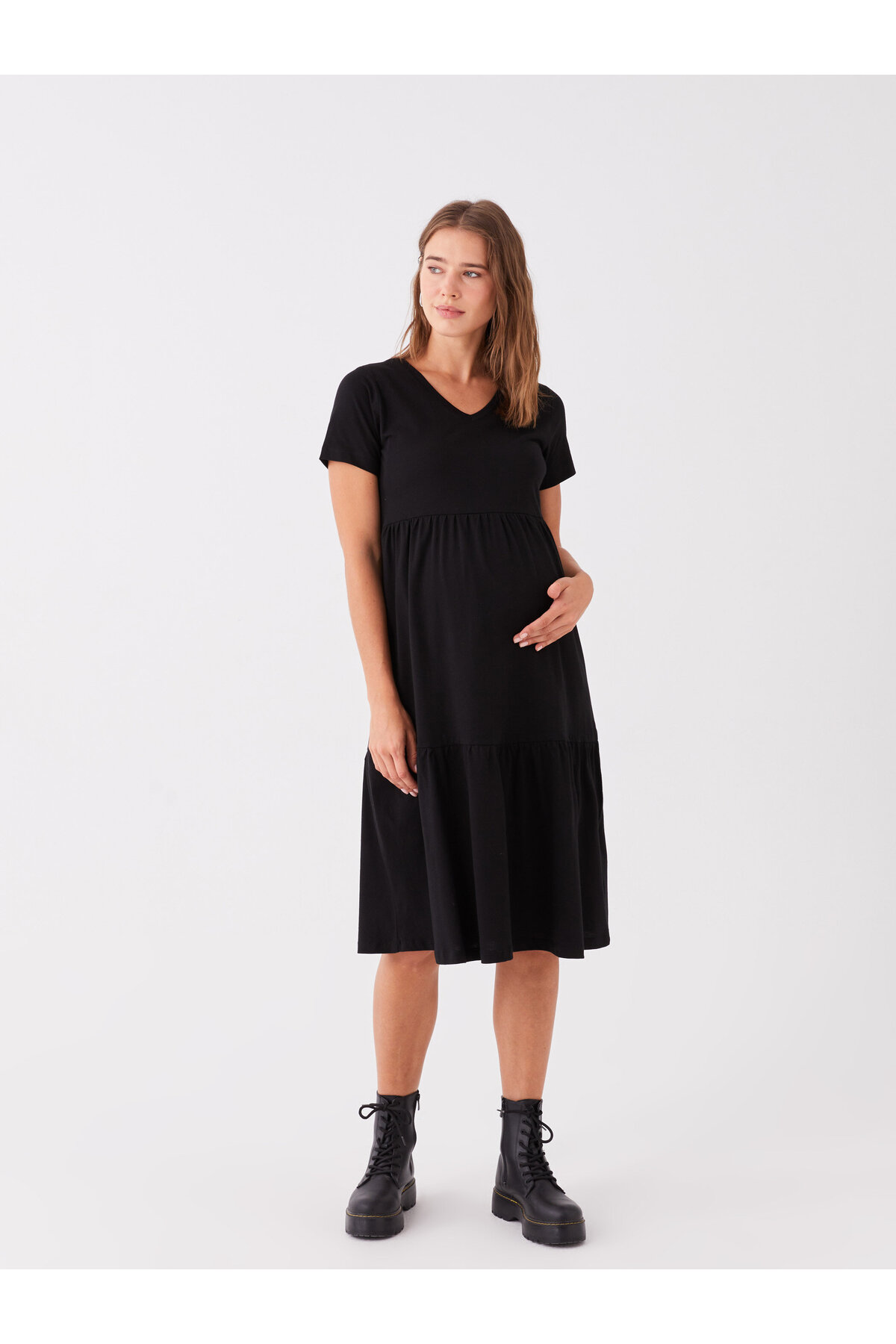 LC Waikiki V-Neck Straight Short Sleeve Maternity Dress