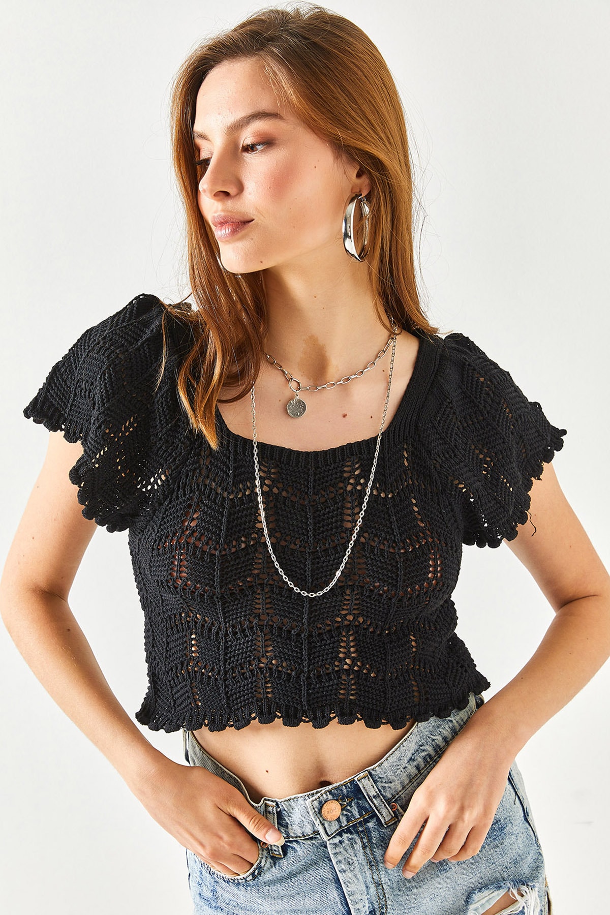 Olalook Women's Black Shoulder Detailed Openwork Crop Knitwear Blouse