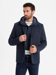 Ombre Men's jacket with hooded lining and high collar - navy blue