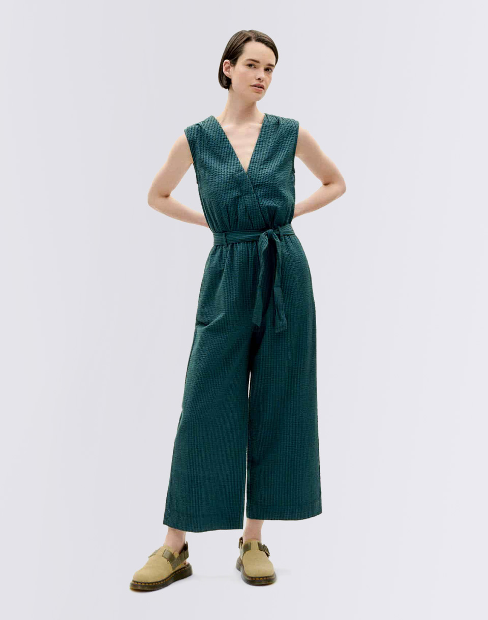 Thinking MU Bottle Green Checks Seersucker Winona Jumpsuit GREEN L