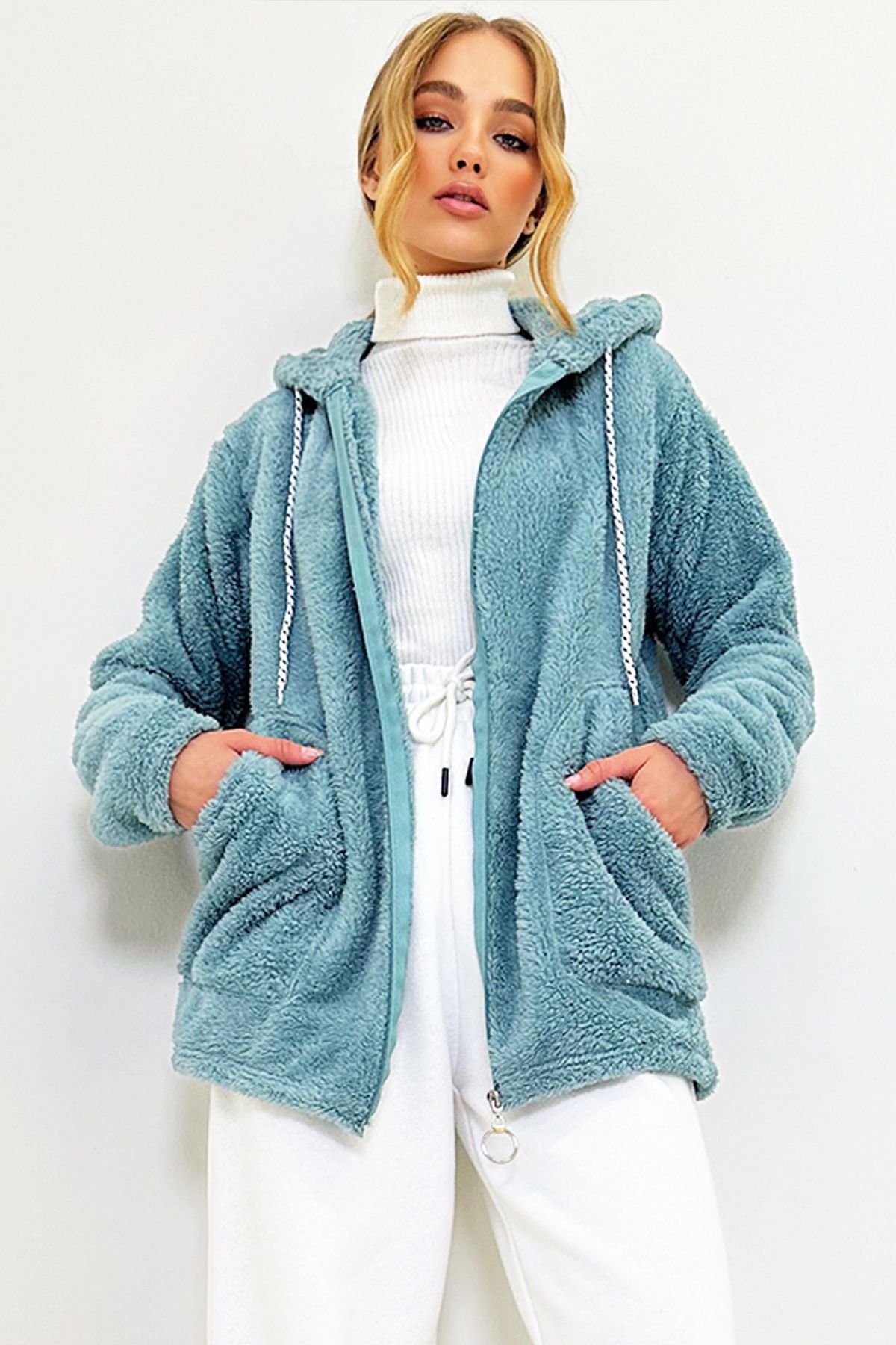 Trend Alaçatı Stili Women's Mint Hooded Zippered Front Double Pocket Oversized Plush Sweatshirt