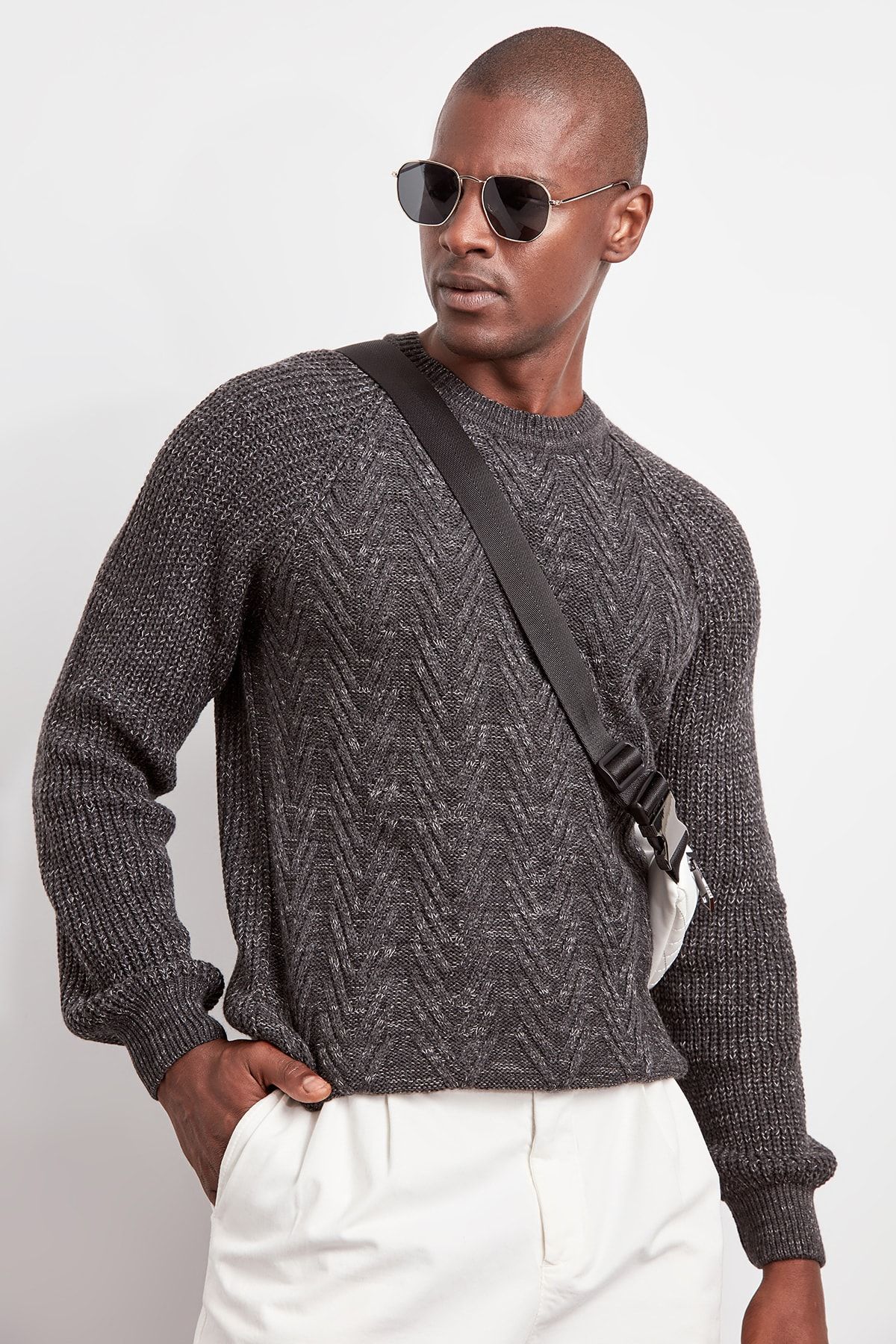 Trendyol Anthracite Slim Cotton Crew Neck Knitwear Sweater