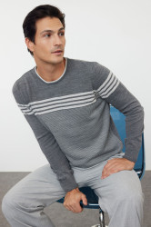 Trendyol Anthracite Slim Fit Crew Neck Striped Knitwear Sweater