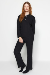 Trendyol Black Button Detail Textured Knitted Pajama Set