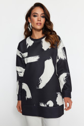 Trendyol Black Patterned Crewneck Scuba Knitted Sweatshirt