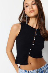 Trendyol Black Stone Detailed Asymmetrical Fitted Corded Crop Knitted Blouse