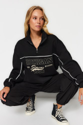 Trendyol Black Zipper Printed Oversize/Wide Fit Fleece Knitted Sweatshirt