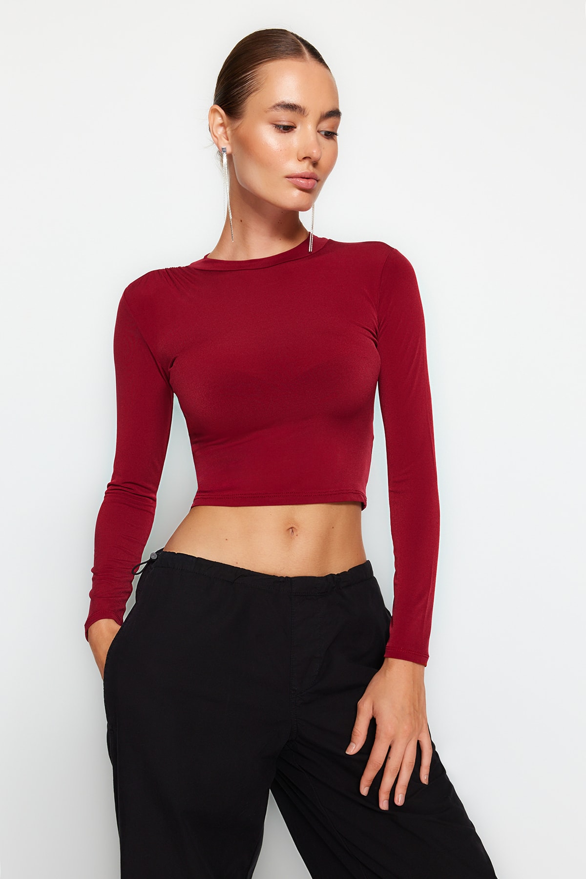 Trendyol Burgundy High Neck Fitted/Simple Long Sleeve Gathered Elastic Knitted Blouse