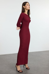 Trendyol Burgundy Plain Textured Fitted/Fits Body Maxi Knit Dress