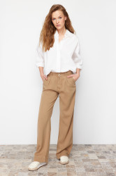 Trendyol Camel 100% Tencel™ Pleated Brown High Waist Wide Leg Jeans