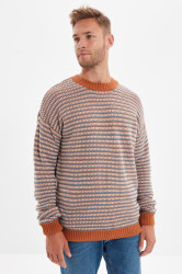 Trendyol Camel Regular Crew Neck Jacquard Sweater