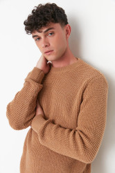 Trendyol Camel Regular Fit Woolen Crew Neck Textured Basic Knitwear Sweater