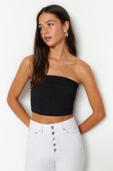 Trendyol Černý Korzetový Crop Top Bez Ramínek Tkaná Halenka