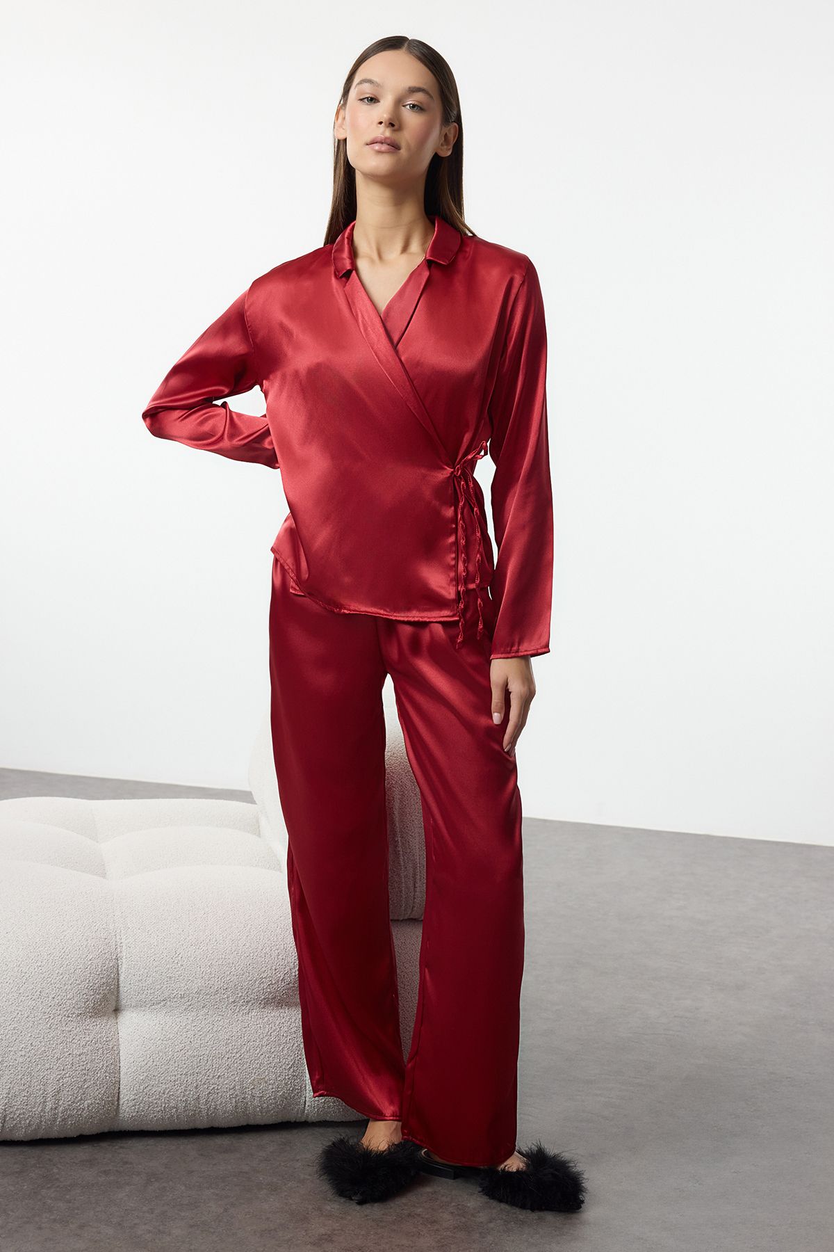 Trendyol Claret Red Plain Satin Woven Pajama Set