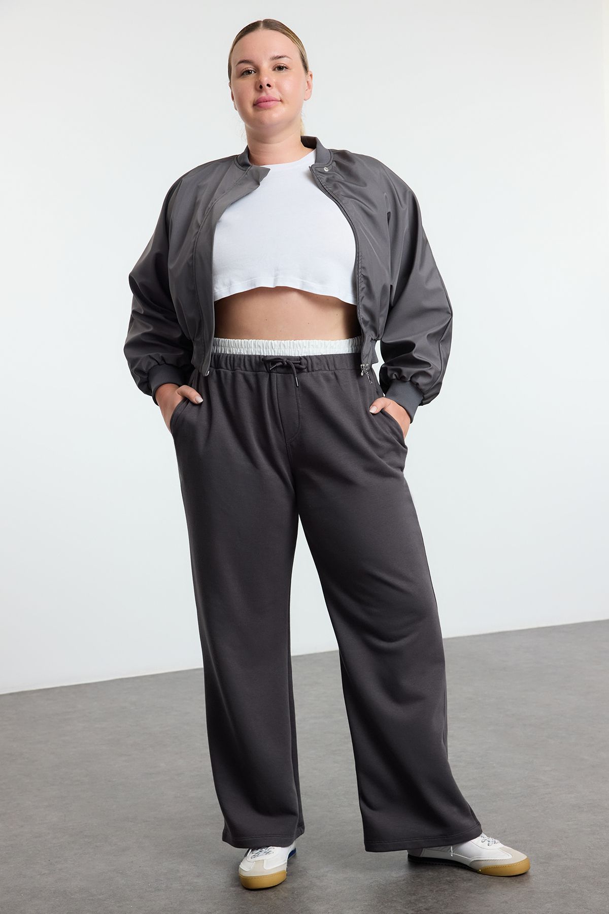 Trendyol Curve Anthracite Wide Leg Waist Detailed Knit Plus Size Sweatpants