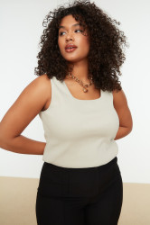 Trendyol Curve Beige Basic Ribbed Square Neck Knit Plus Size Undershirt