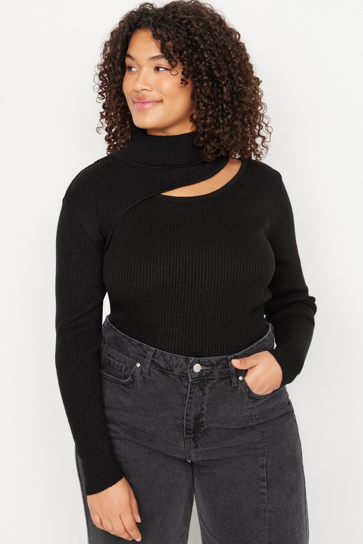 Trendyol Curve Black Detachable Collar Thin Knitwear Sweater