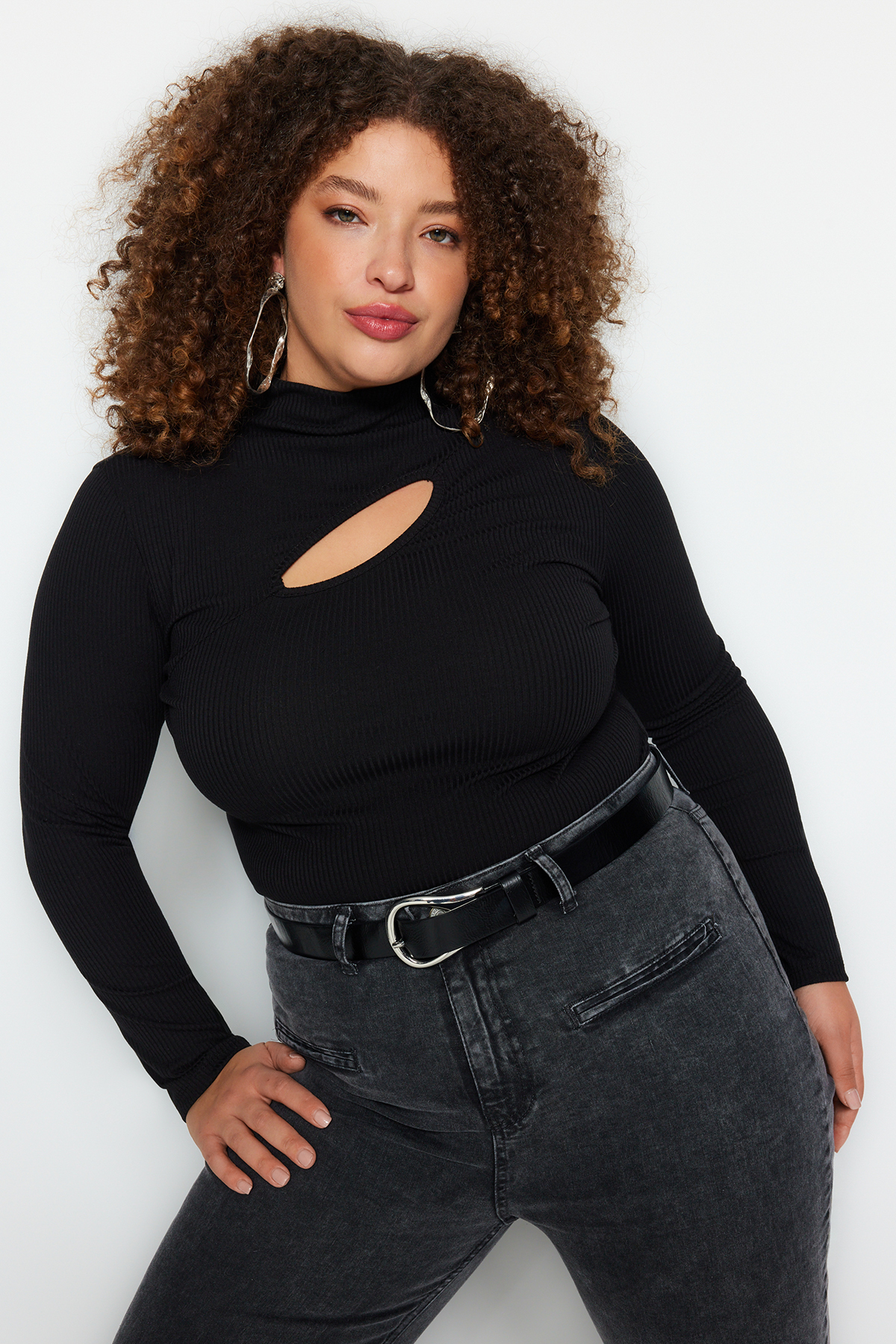 Trendyol Curve Black High Neck Plain Body Fitted Ribbed Knit