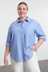 Trendyol Curve Blue Striped Boyfriend Plus Size Woven Shirt