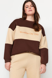 Trendyol Curve Brown Thick Fleece Inside Embroidery Detailed Knitted Sweatshirt