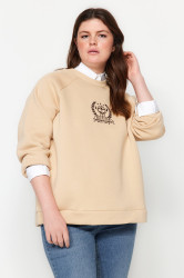 Trendyol Curve Camel Thick Fleece Embroidery Detail Knitted Sweatshirt