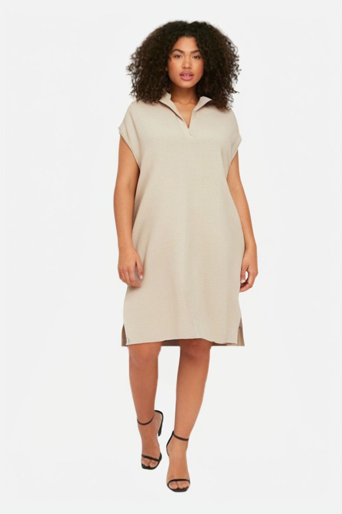 Trendyol Curve Cream Shirt Collar Slit Woven Plus Size Dress