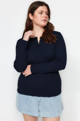 Trendyol Curve Dark Navy Blue Crew Neck Plain Basic Ribbed Knit Blouse