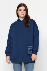 Trendyol Curve Indigo Hooded Slogan Detailed Fleece Thick Knitted Sweatshirt