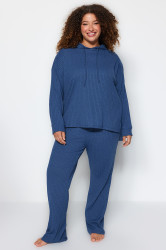 Trendyol Curve Indigo Hoodie Plain Relaxed Camisole Plus Size Bottom-Top Suit