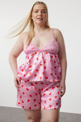 Trendyol Curve Pink Heart Patterned Lace Satin Woven Pajama Set