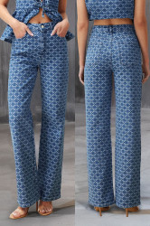 Trendyol Dark Blue Patterned High Waist Wide Leg Jeans