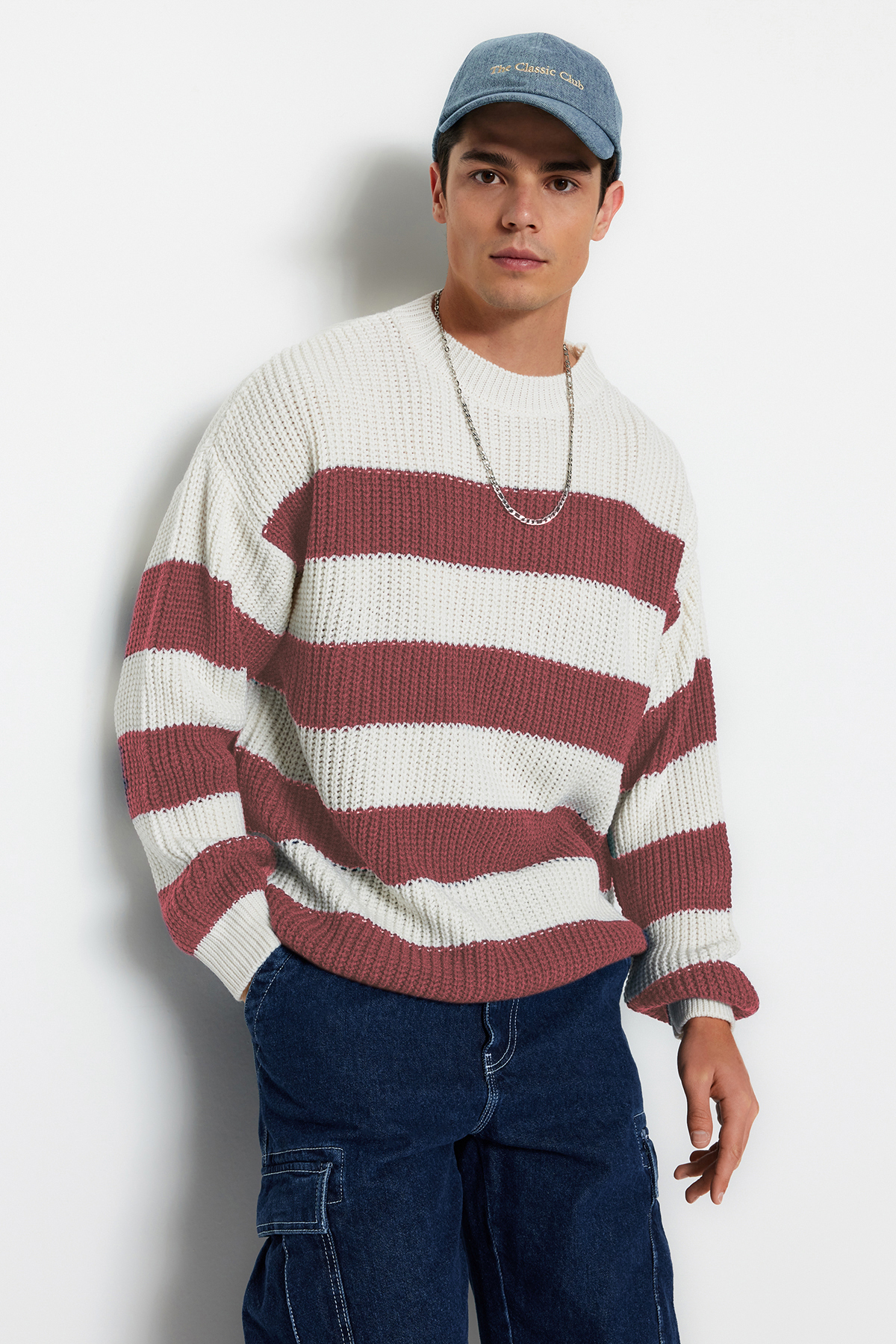 Trendyol Dusty Rose Casual Oversize Fit Wide Mold Crew Neck Striped Knitwear Sweater