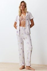 Trendyol Ecru-Multicolored 100% Cotton Floral Ruffle Detailed Knitted Pajama Set