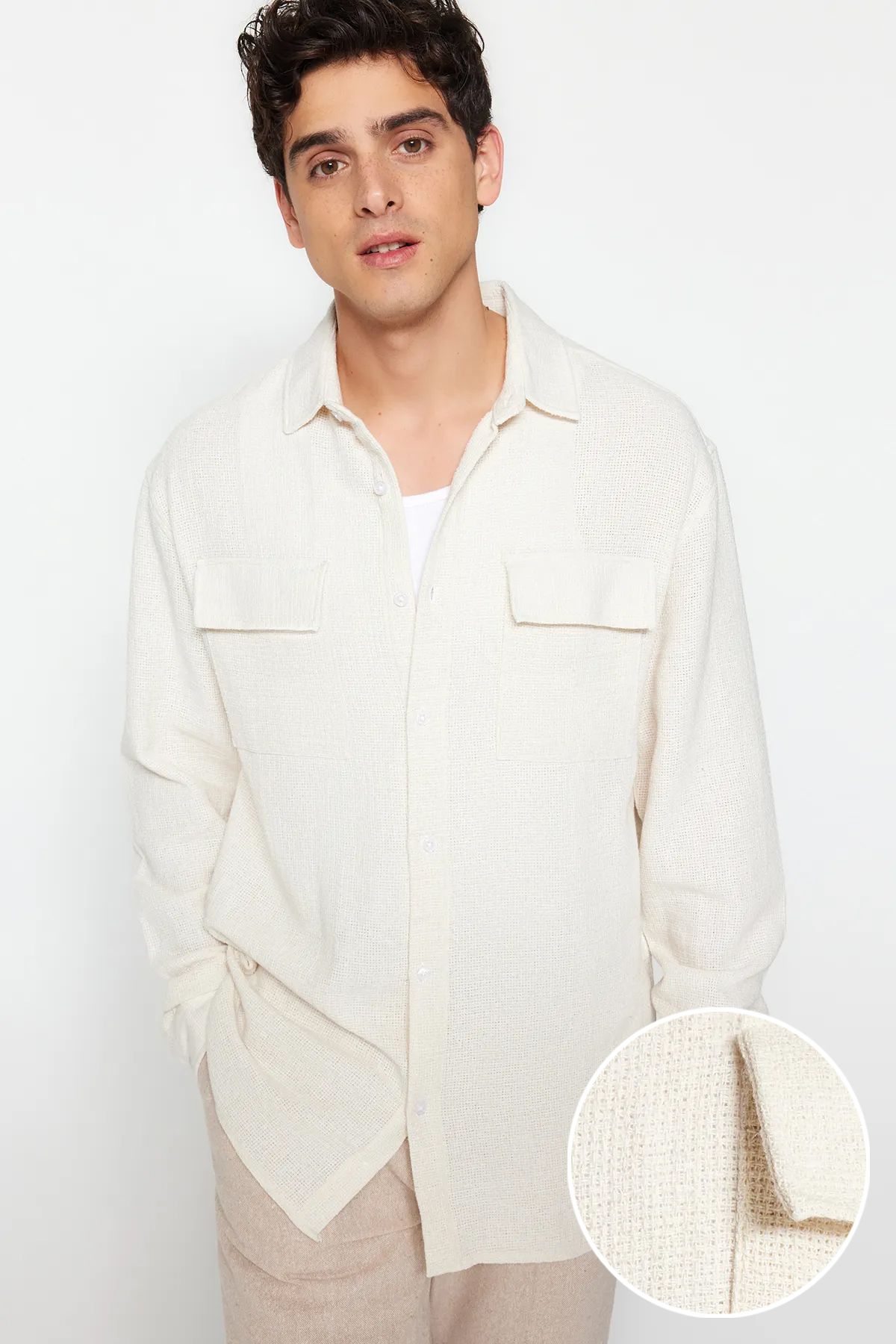 Trendyol Ecru Oversize Fit Linen Textured Double Pocket Jacket Shirt