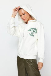 Trendyol Ecru, Printed Back, Zippered Hoodie, Fleece Inside Oversize Fit, Knitted Sweatshirt