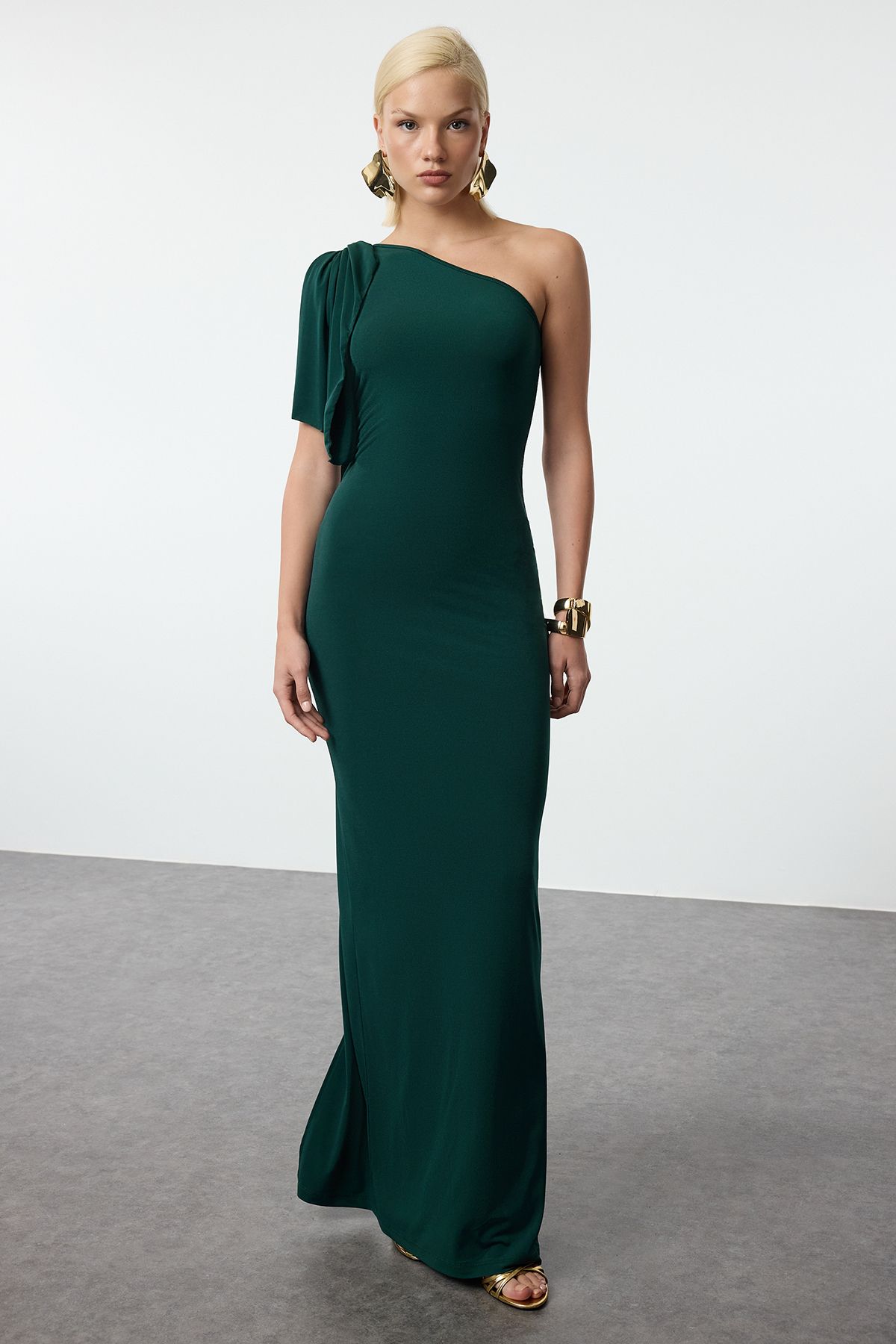 Trendyol Emerald Green Bodycon One Shoulder Knitted Long Evening Dress